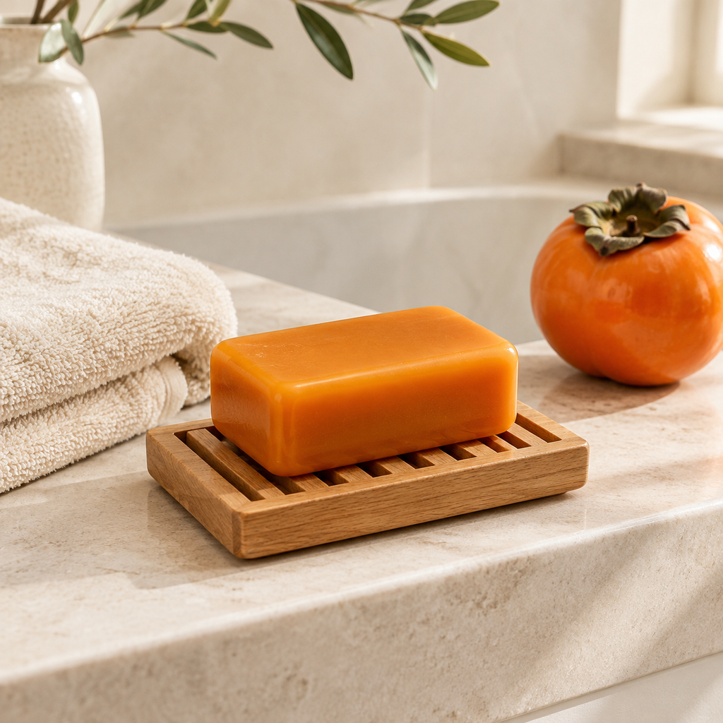 Persimmon soap bar on a dish in a bathroom